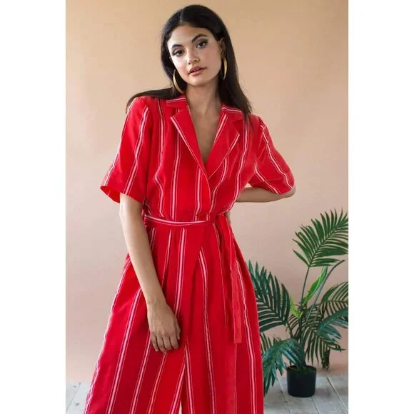 Eva Franco Anthropologie Red Stripe short Sleeve Cropped Wide Leg SummerJumpsuit - Picture 3 of 4